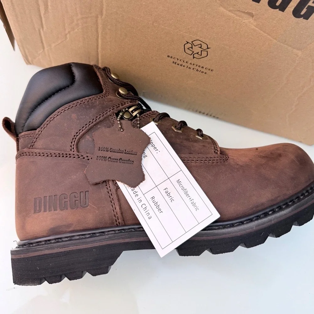 Dinggu Steel Toe Work Boots Brown Leather Puncture Resistant Safety Shoes Sz 7